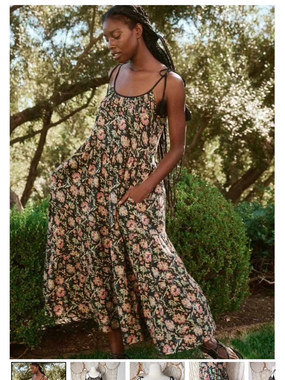 THE GREAT. Floral Tie-Strap Maxi Dress in Black and Pink